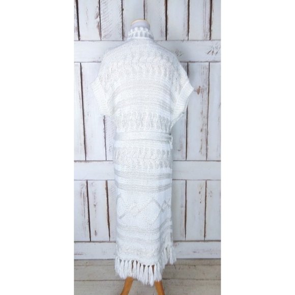 90s vintage ivory/gold long duster cardigan sweater/short sleeve fringe tassel - Picture 5 of 5